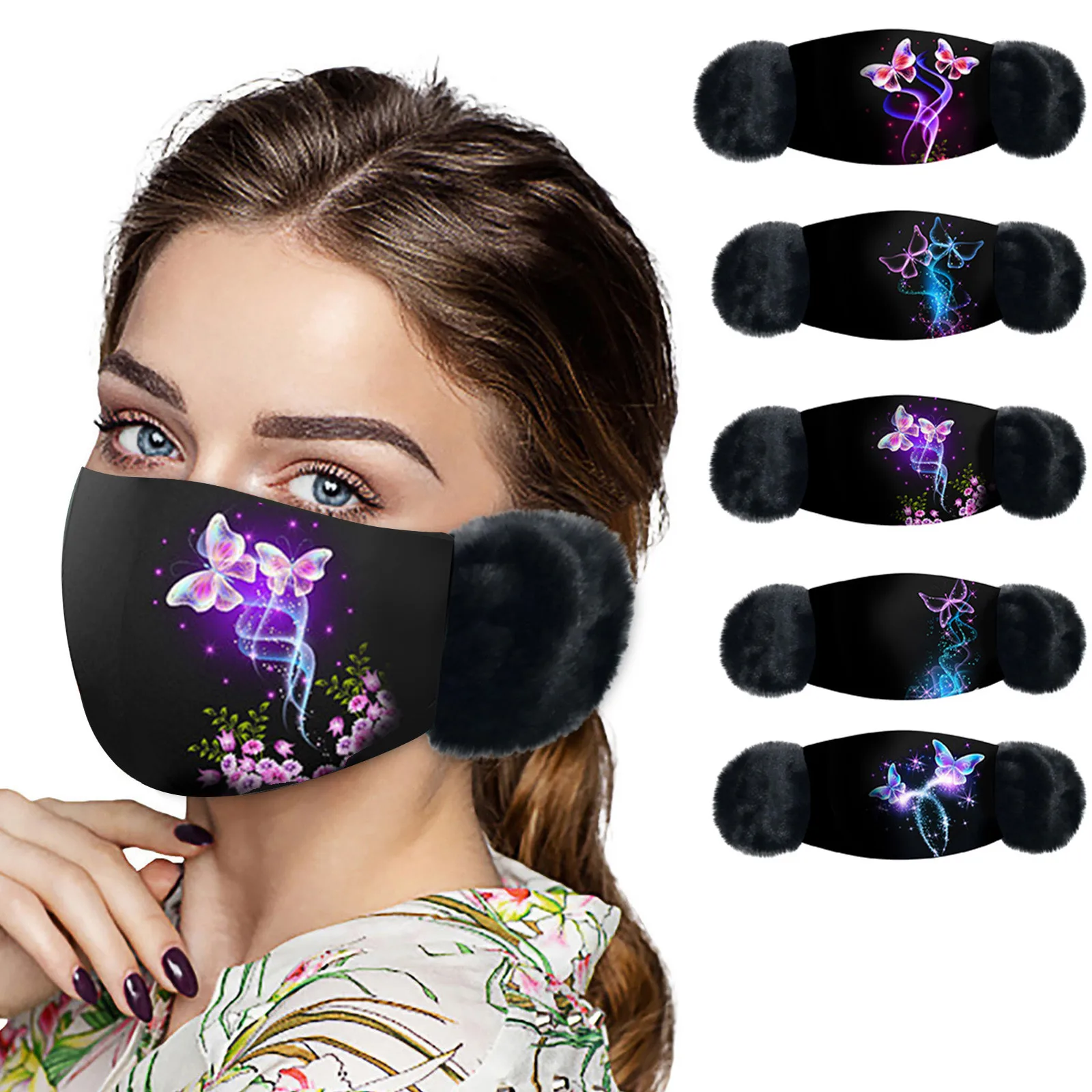 

Adult Winter Warm Hair Ball Face Masks Butterfly Printing маска для лиа с пѬином Washable Reusable masque Mask Mascarilla